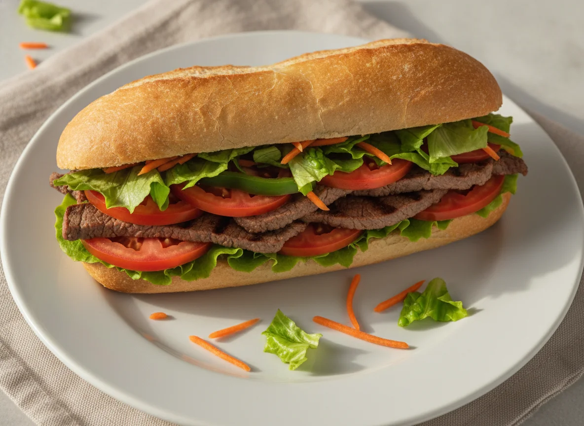 Sanduíche de pão francês com carne e vegetais photo
