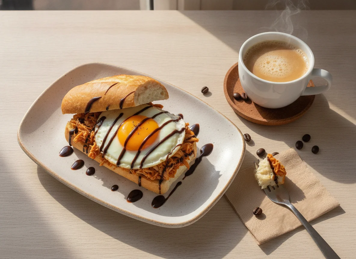 Sanduíche de pão francês com frango e ovo e café com leite photo