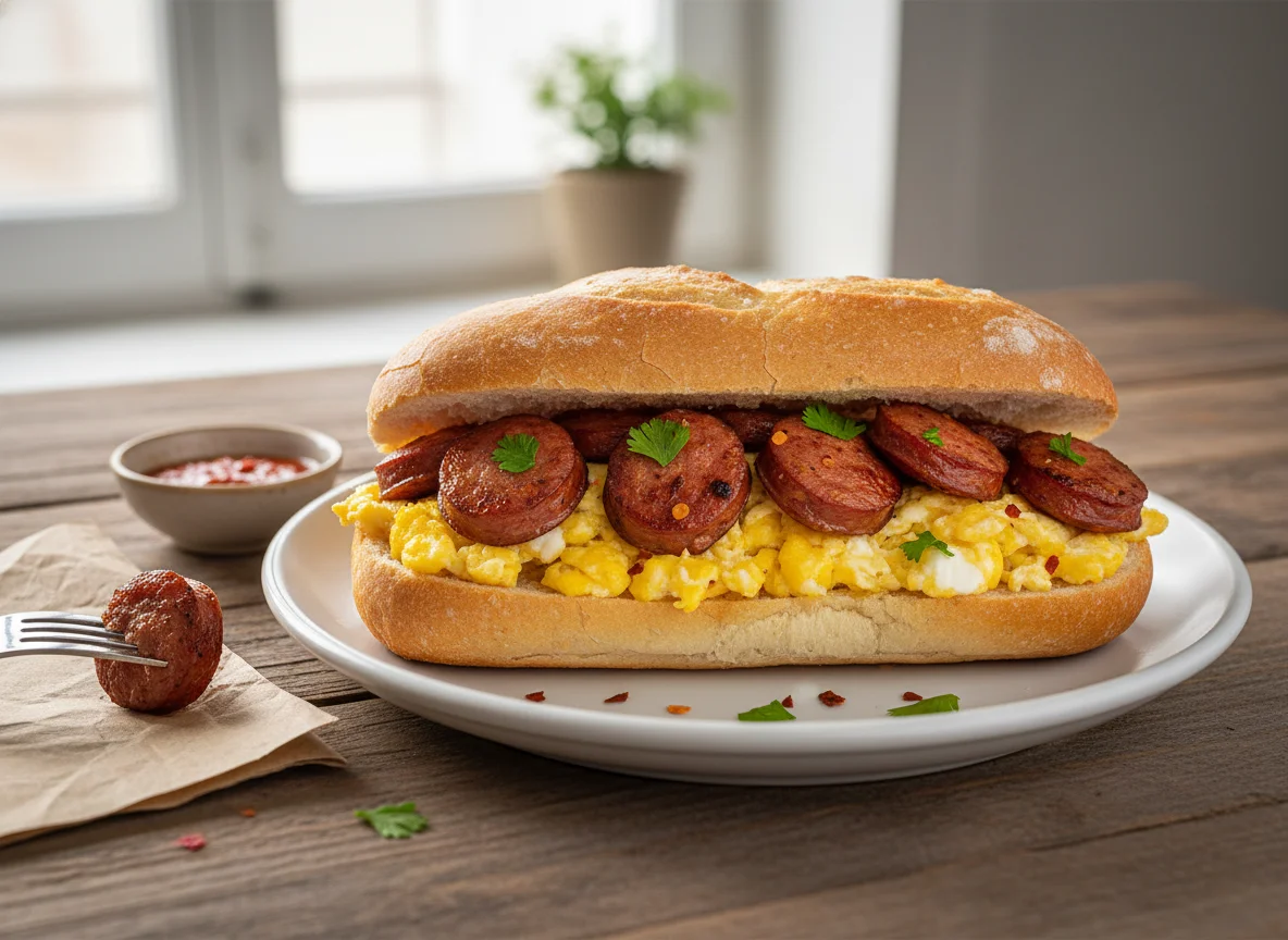 Sanduíche de pão francês com linguiça e ovos mexidos photo