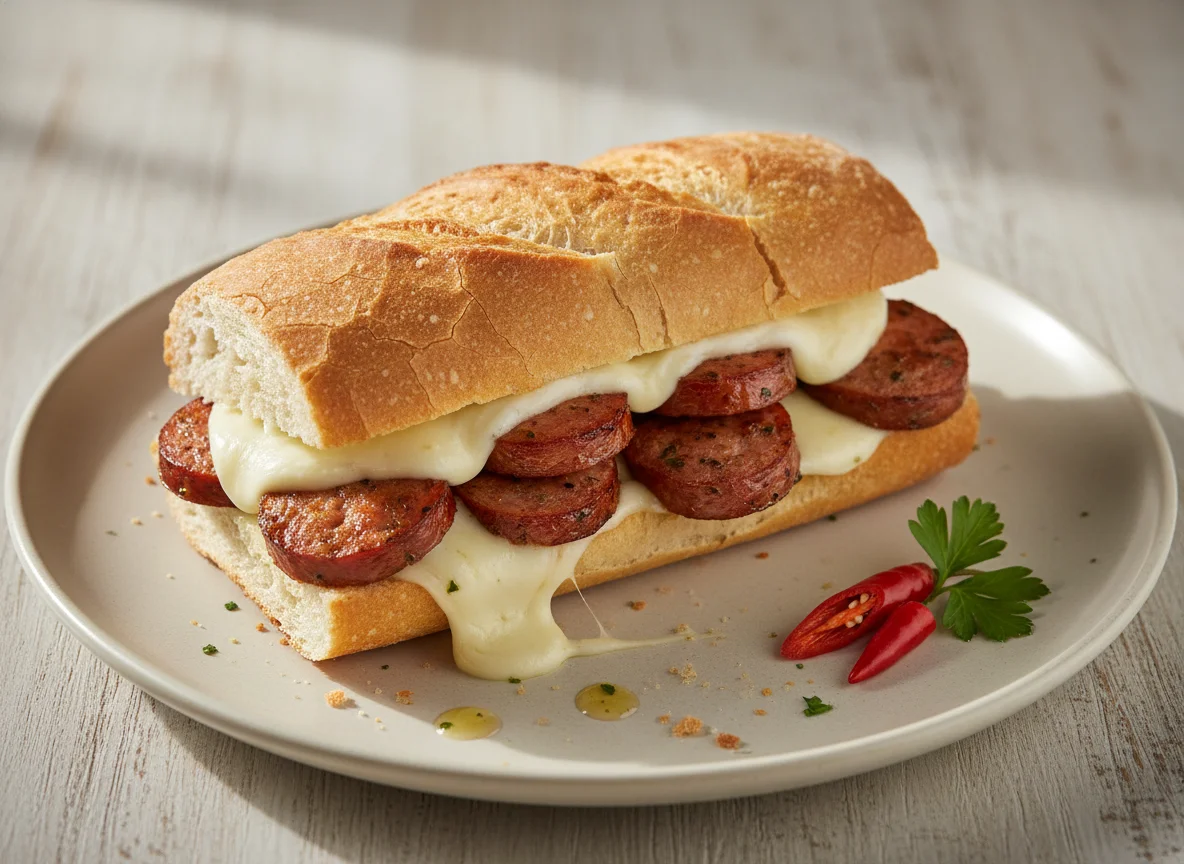 Sanduíche de pão francês com linguiça e queijo photo