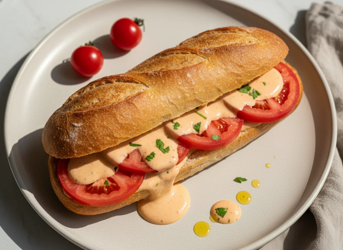 Sanduíche de pão francês com molho e tomate photo