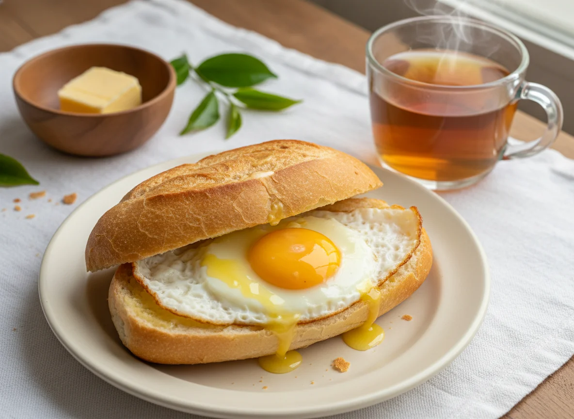 Sanduíche de pão francês com ovo e manteiga, e chá photo