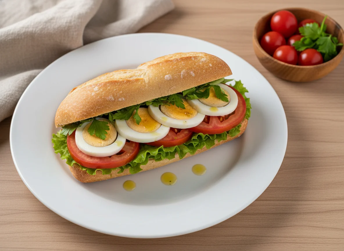 Sanduíche de pão francês com ovo e salada photo