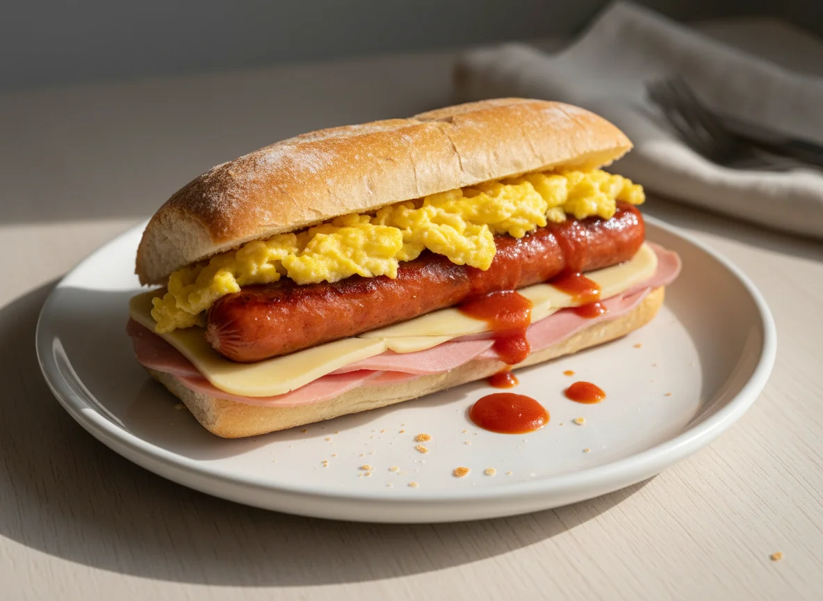 Sanduíche de pão francês com ovo, queijo, presunto e salsicha photo