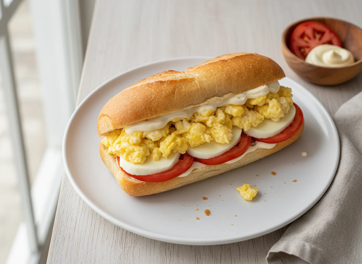 Sanduíche de pão francês com ovo, queijo, tomate e maionese photo