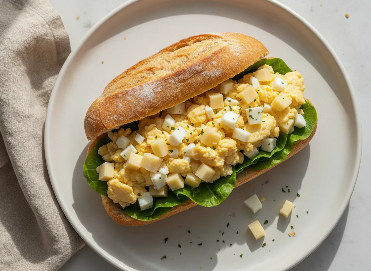 Sanduíche de pão francês com ovos e queijo photo