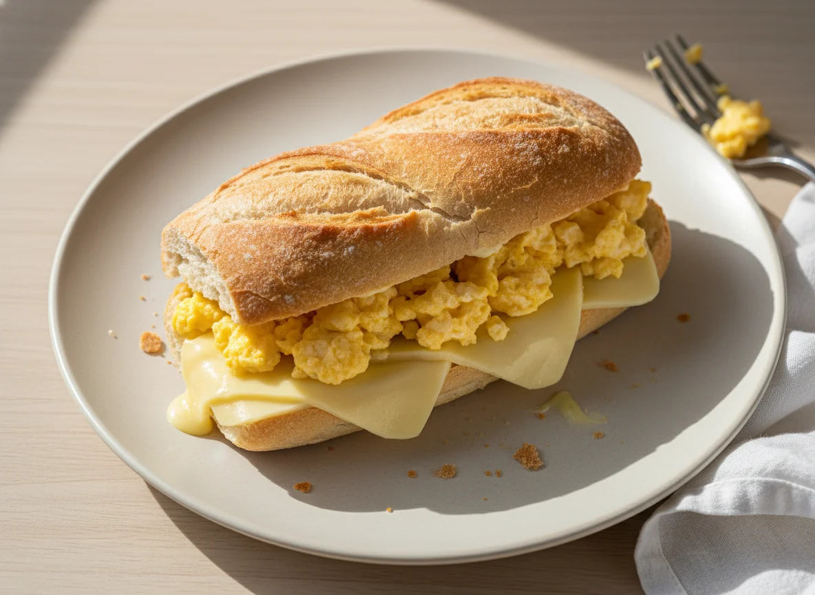 Sanduíche de pão francês com ovos mexidos e queijo photo