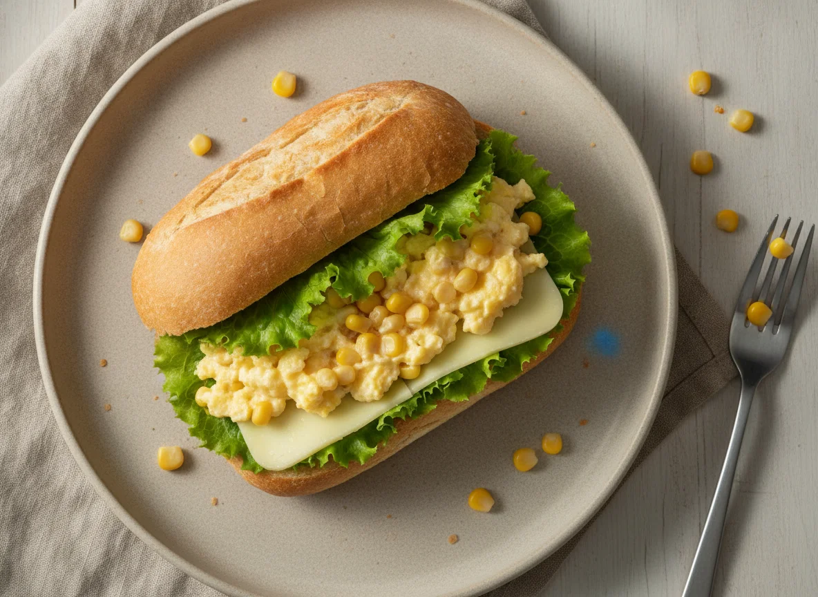 Sanduíche de pão francês com ovos, queijo e milho photo