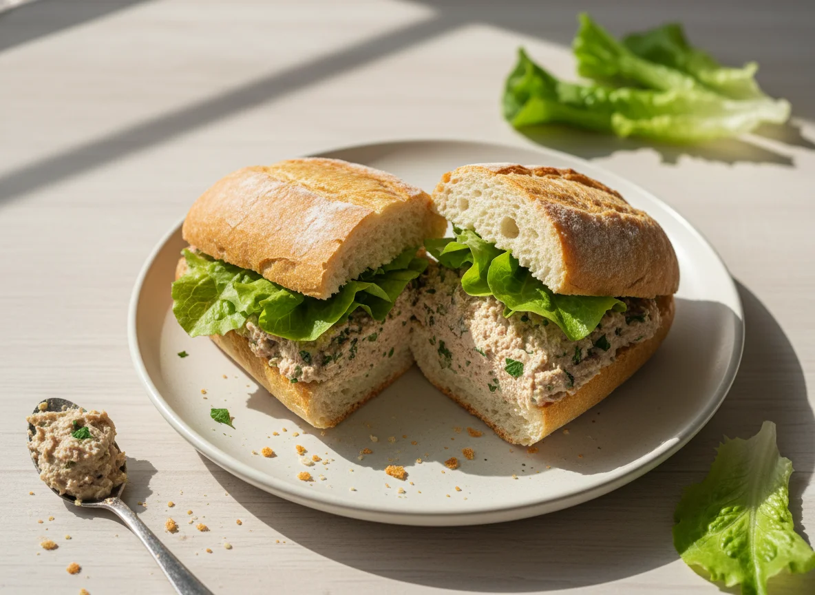 Sanduíche de pão francês com patê de atum e alface photo