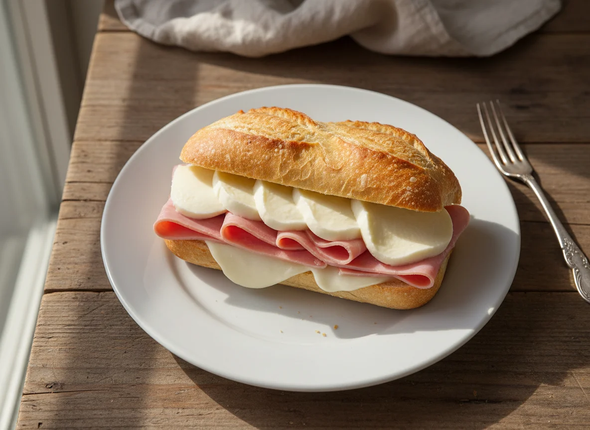 Sanduíche de pão francês com presunto e queijo photo