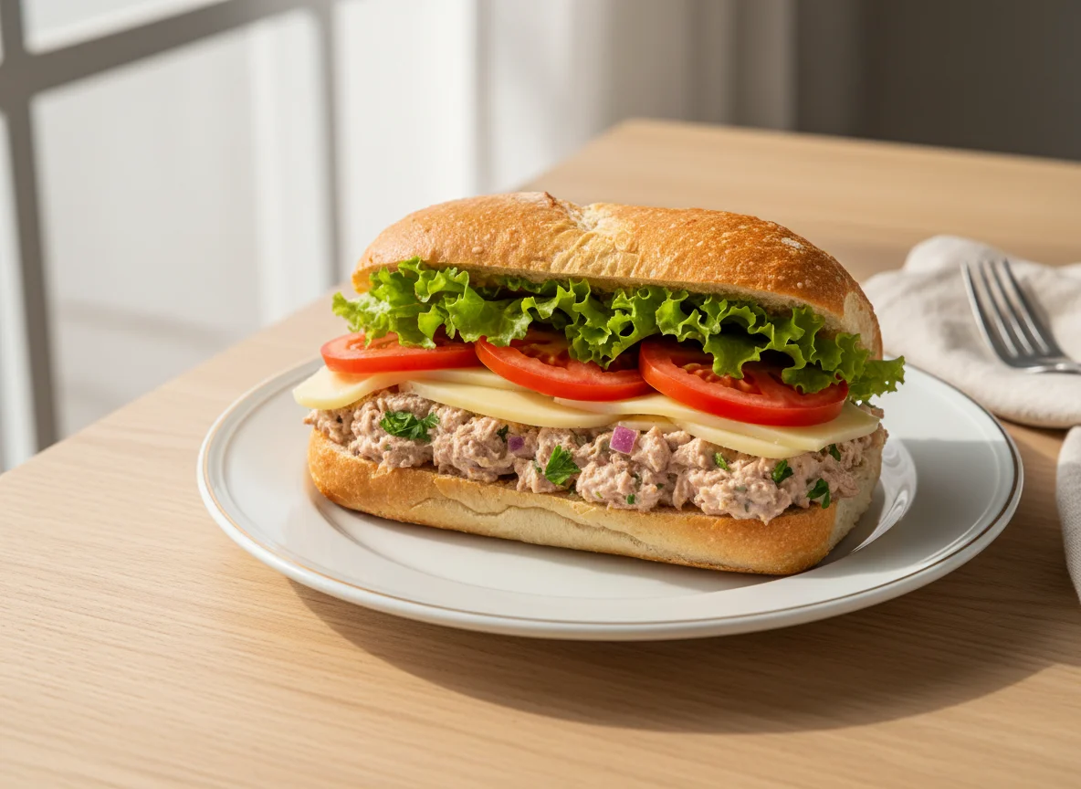 Sanduíche de pão francês com queijo, alface, tomate e patê de atum photo