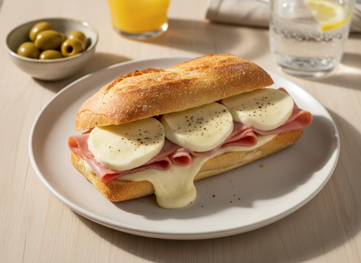 Sanduíche de pão francês com queijo e presunto photo