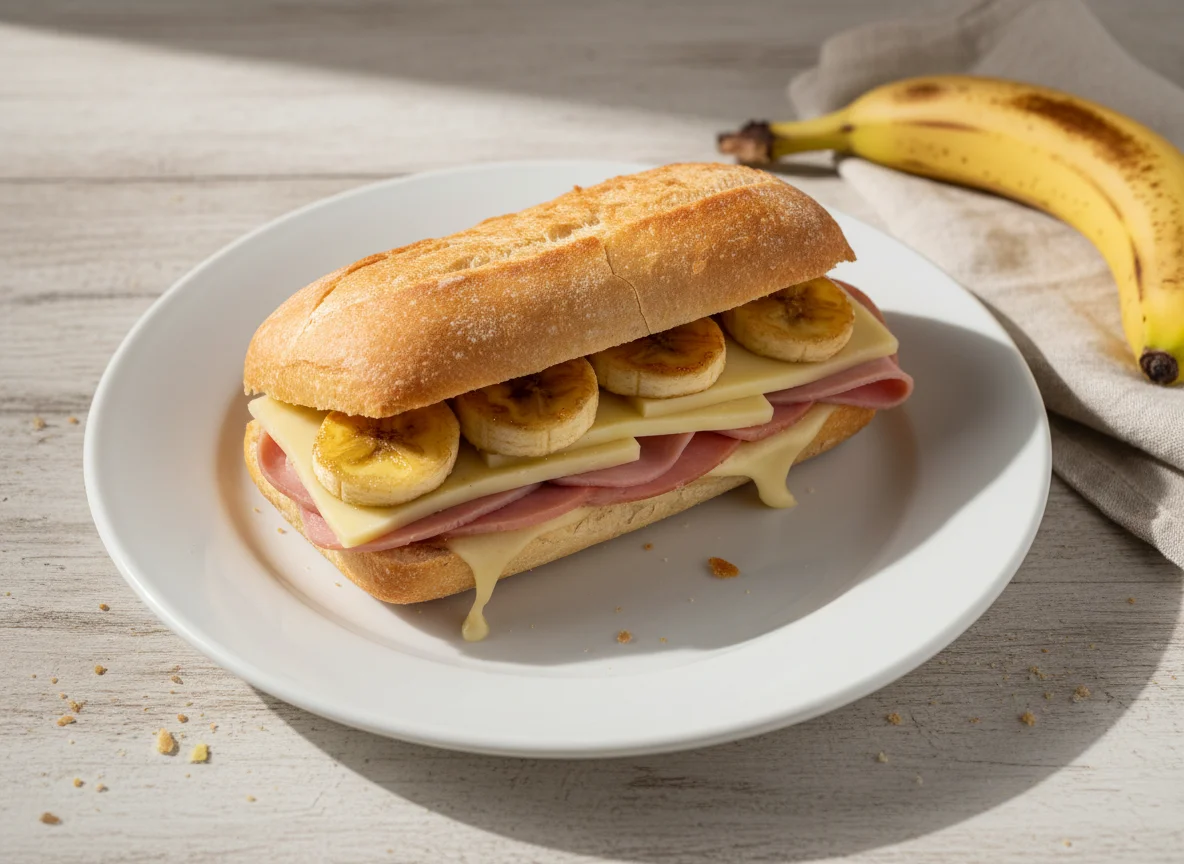 Sanduíche de pão francês com queijo e presunto e banana photo