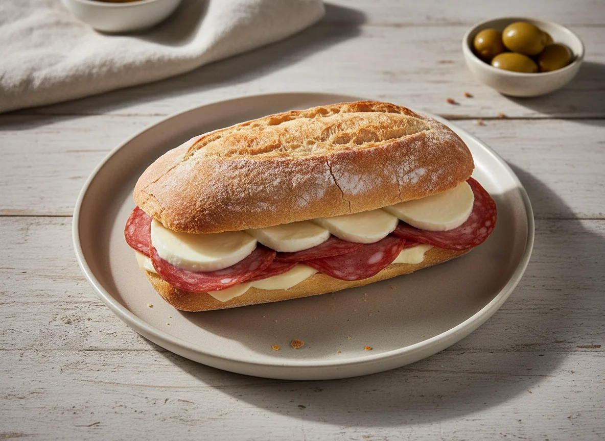 Sanduíche de pão francês com queijo e salame photo
