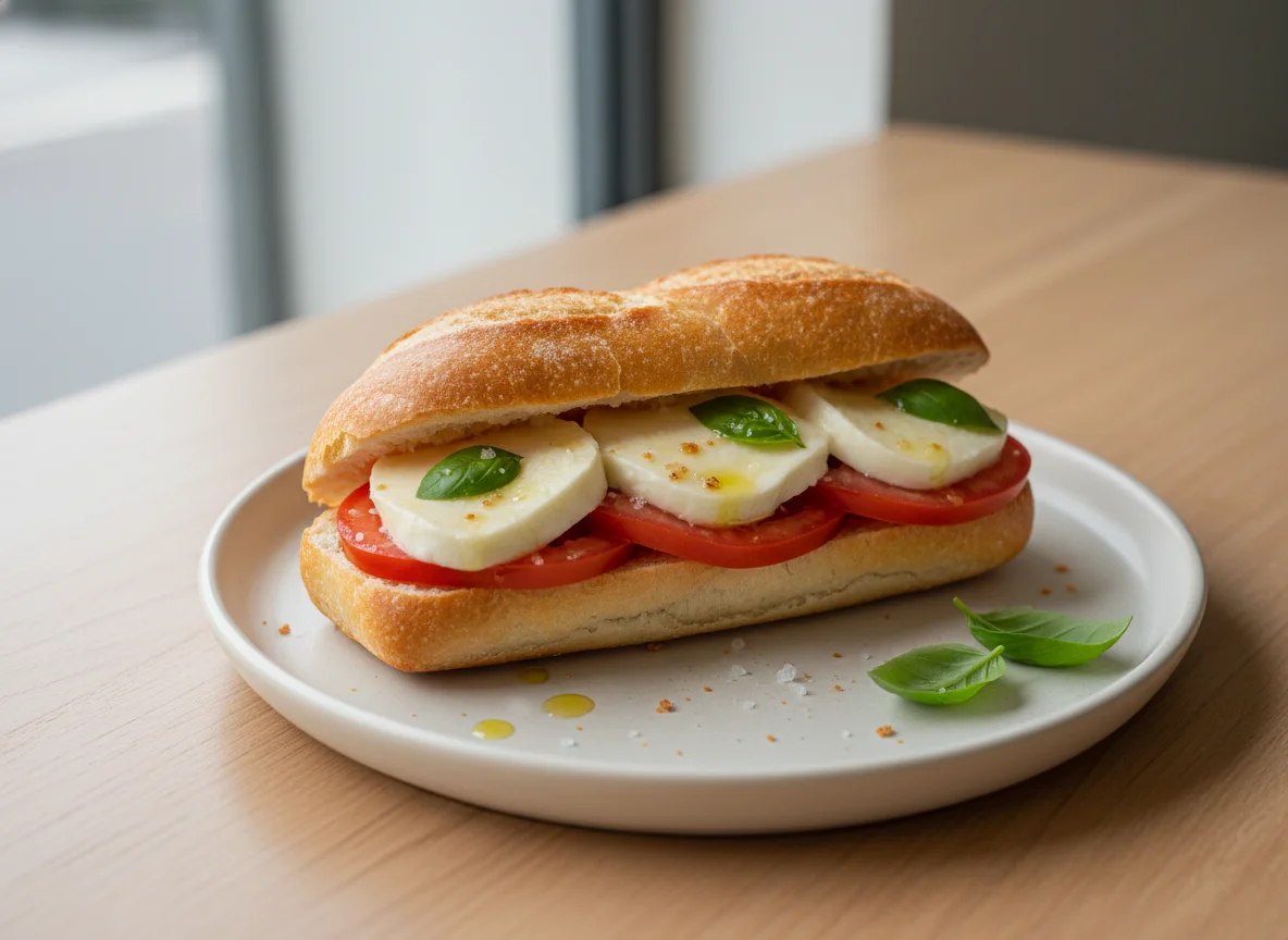 Sanduíche de pão francês com queijo e tomate photo