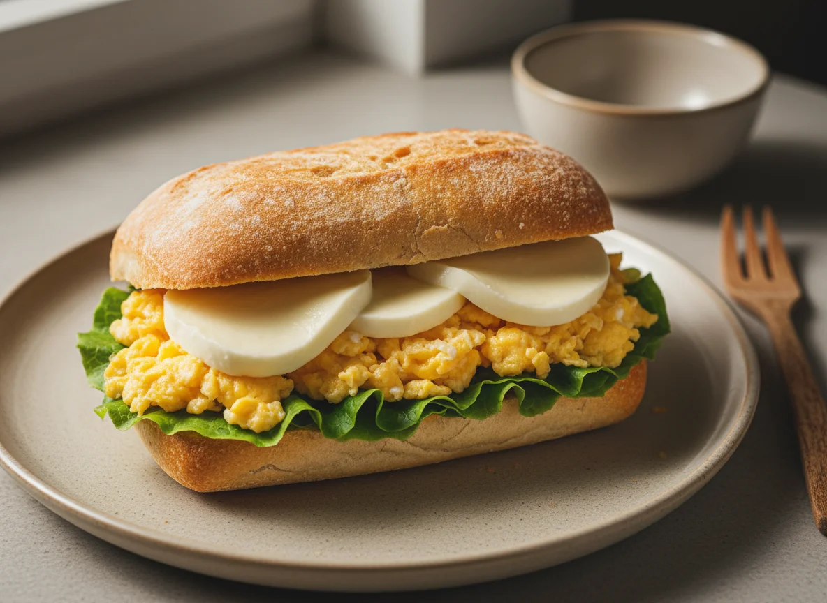 Sanduíche de pão francês com queijo, ovo e alface photo