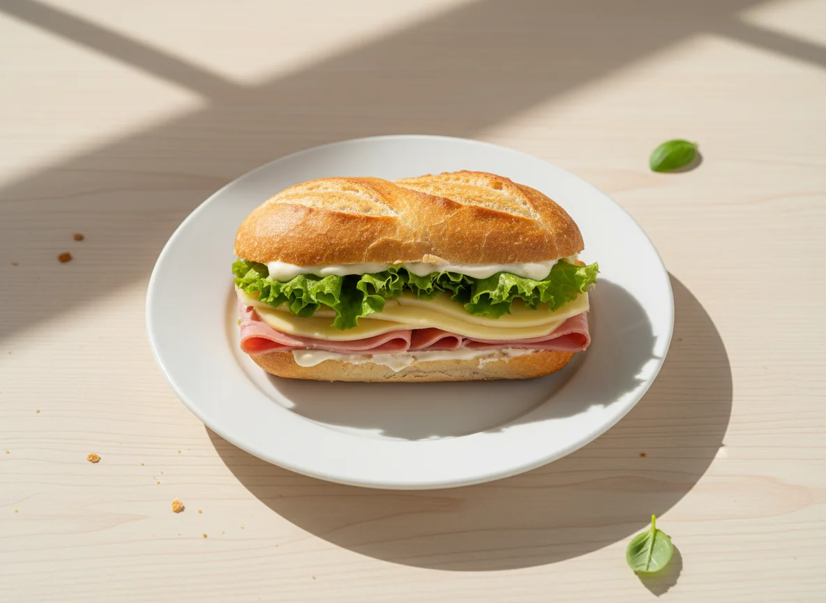 Sanduíche de pão francês com queijo, presunto, alface e maionese photo