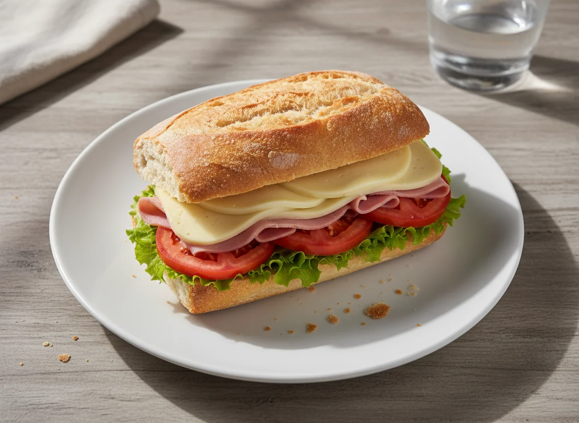 Sanduíche de pão francês com queijo, presunto, alface e tomate photo