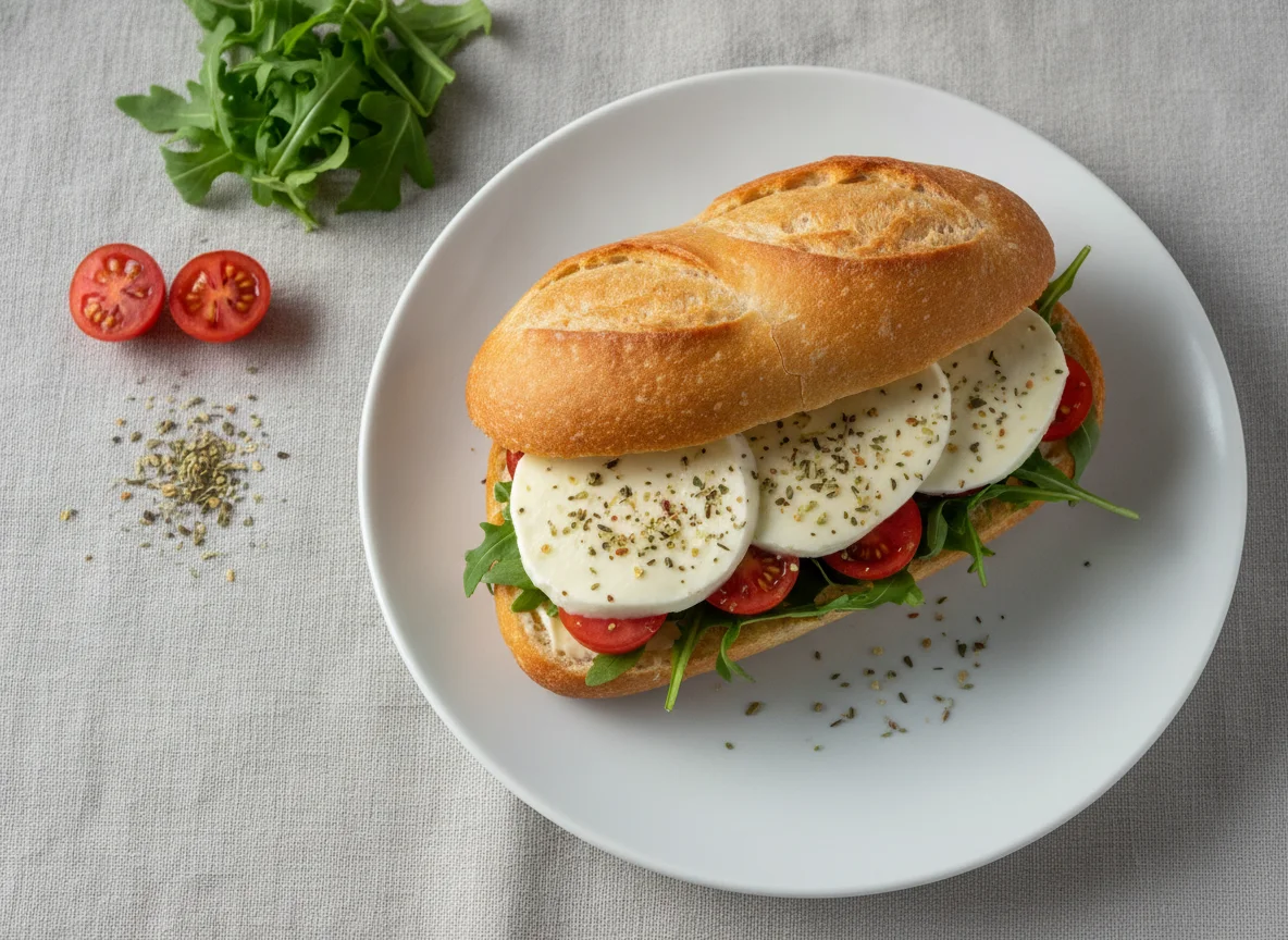 Sanduíche de pão francês com queijo, rúcula e tomate photo