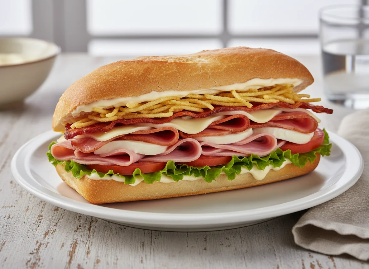 Sanduíche de pão francês com recheio misto photo