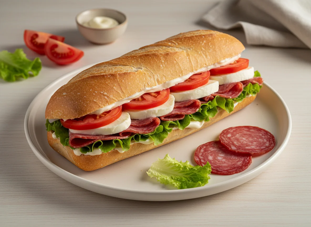 Sanduíche de pão francês com salame, queijo, alface e tomate photo