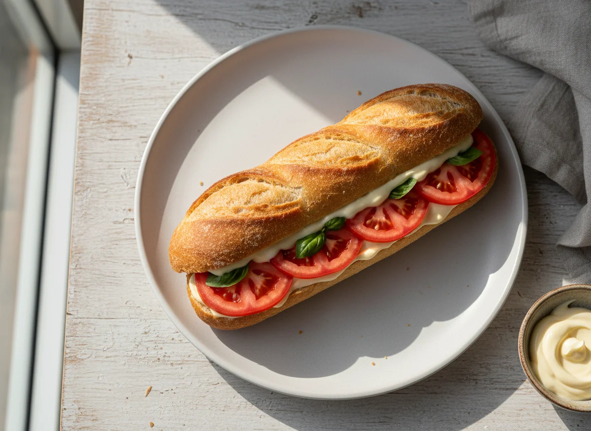 Sanduíche de pão francês com tomate e maionese photo