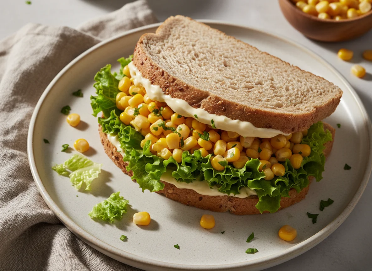 Sanduíche de pão integral com alface e milho photo