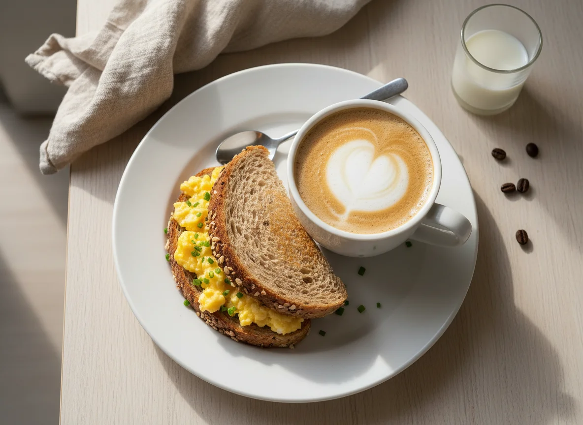 Sanduíche de pão integral com ovos mexidos e café com leite photo