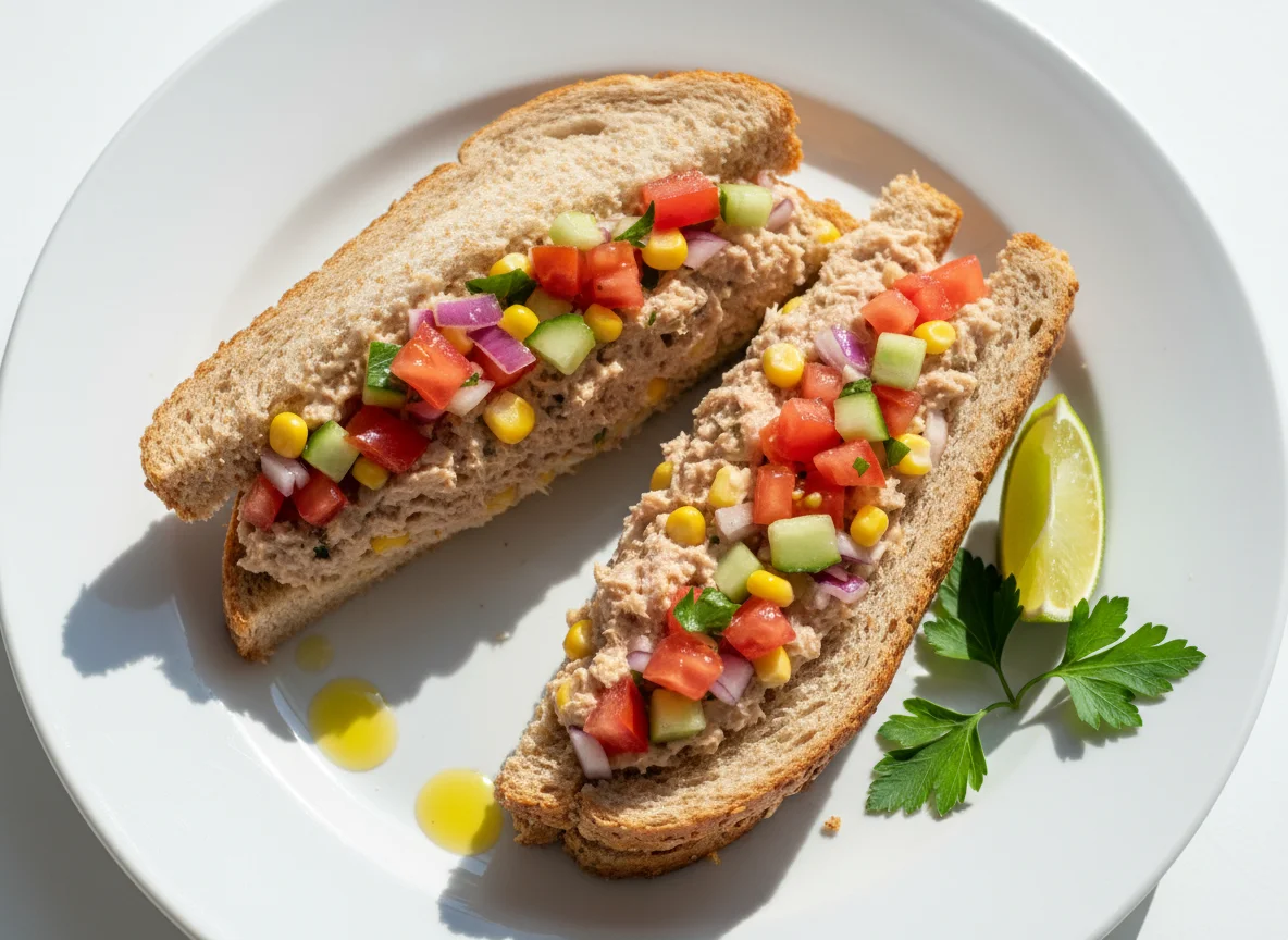 Sanduíche de pão integral com patê de atum e vinagrete photo
