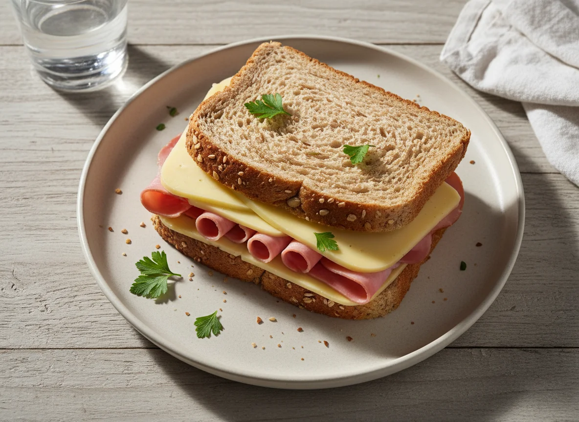 Sanduíche de pão integral com queijo e presunto photo