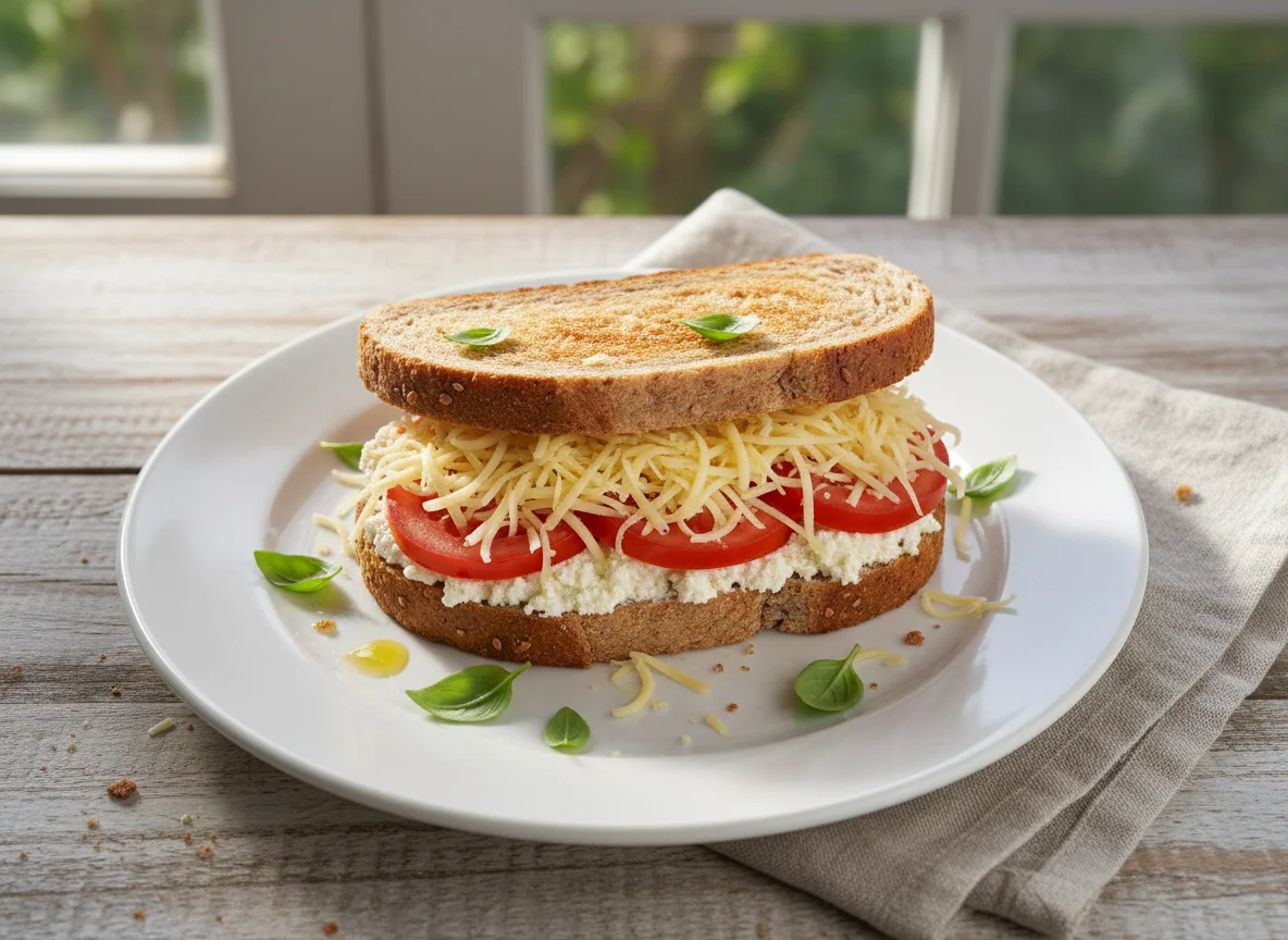 Sanduíche de pão integral com queijo, tomate e creme de ricota photo