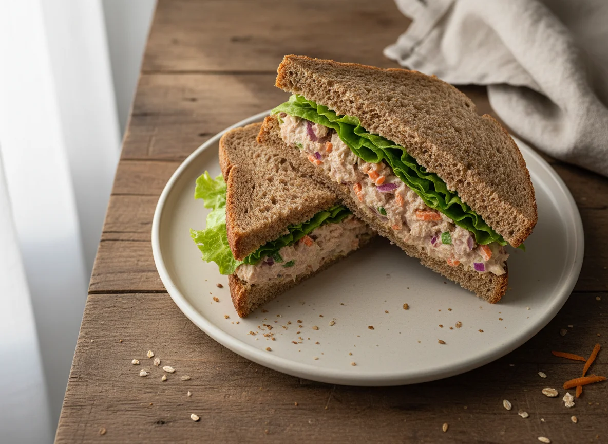 Sanduíche de pão integral com salada de atum e alface photo