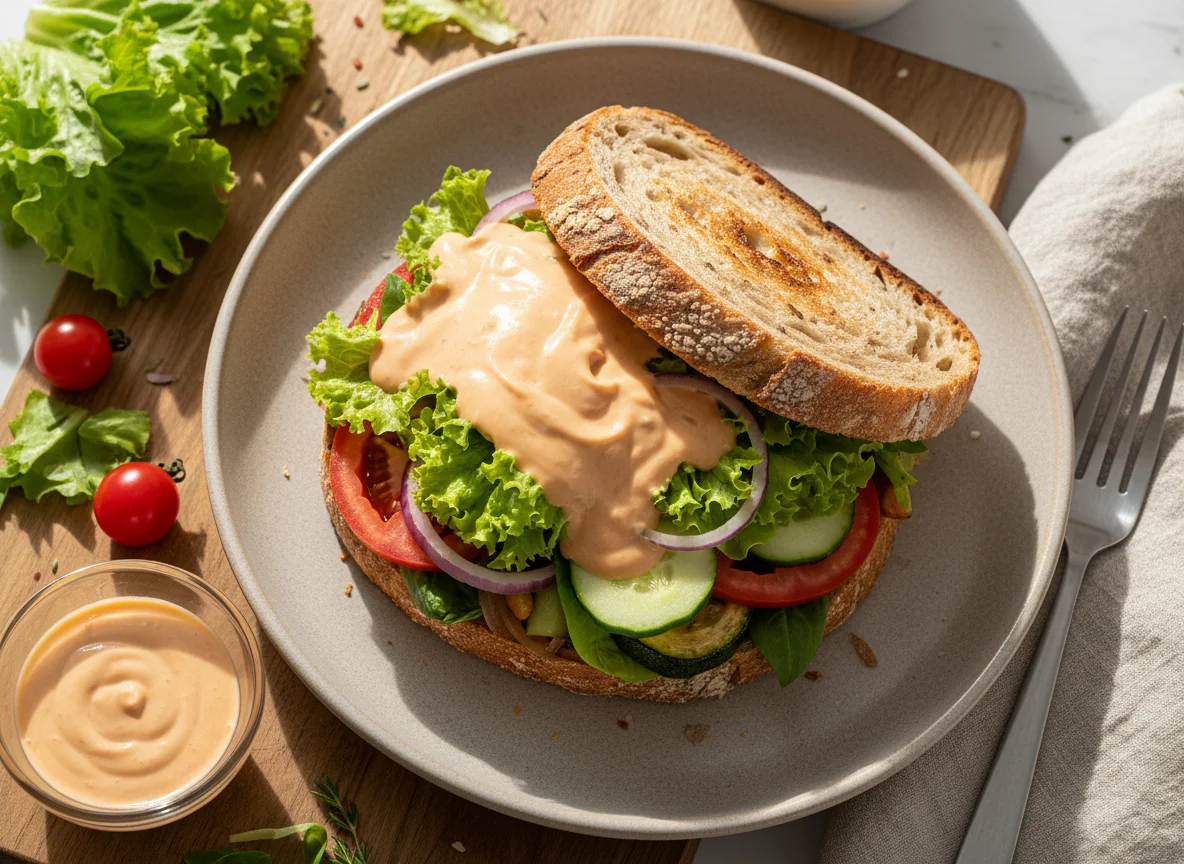 Sanduíche de pão rústico com salada e molho photo