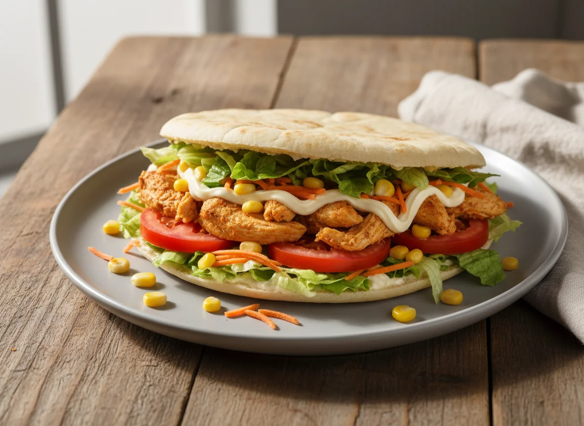 Sanduíche de pão sírio com frango e salada photo