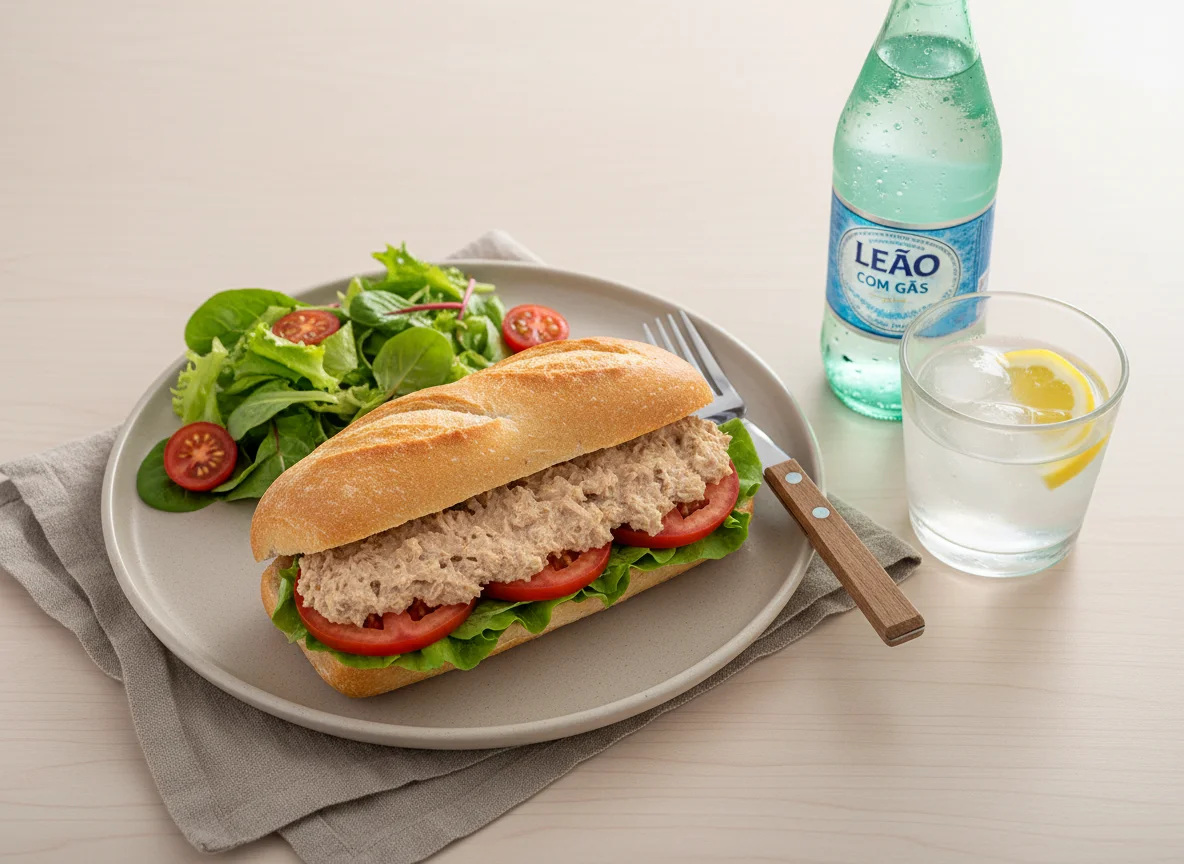 Sanduíche de patê de atum com salada e bebida photo