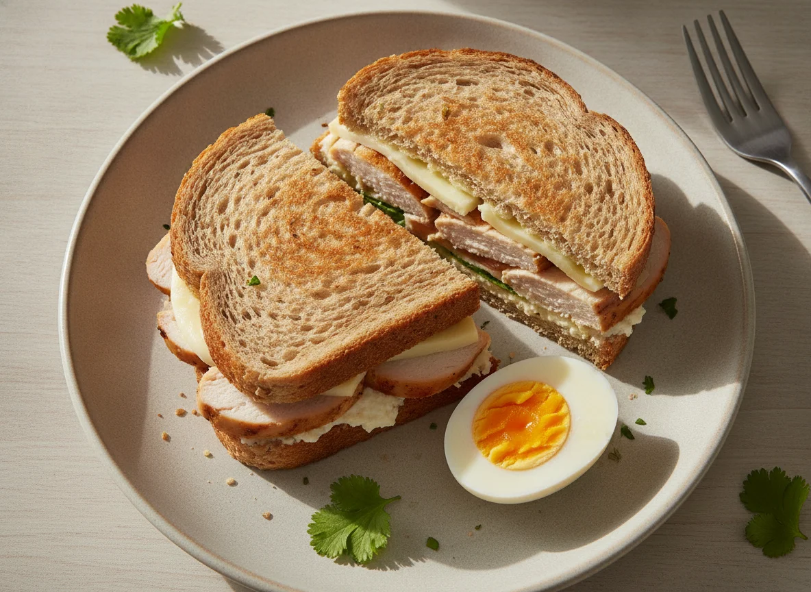 Sanduiche de peito de frango fatiado com mussarela e ricota, 1 ovo cozido photo