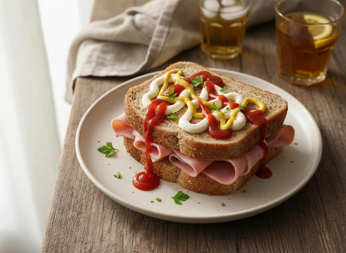 Sanduíche de presunto com molhos photo