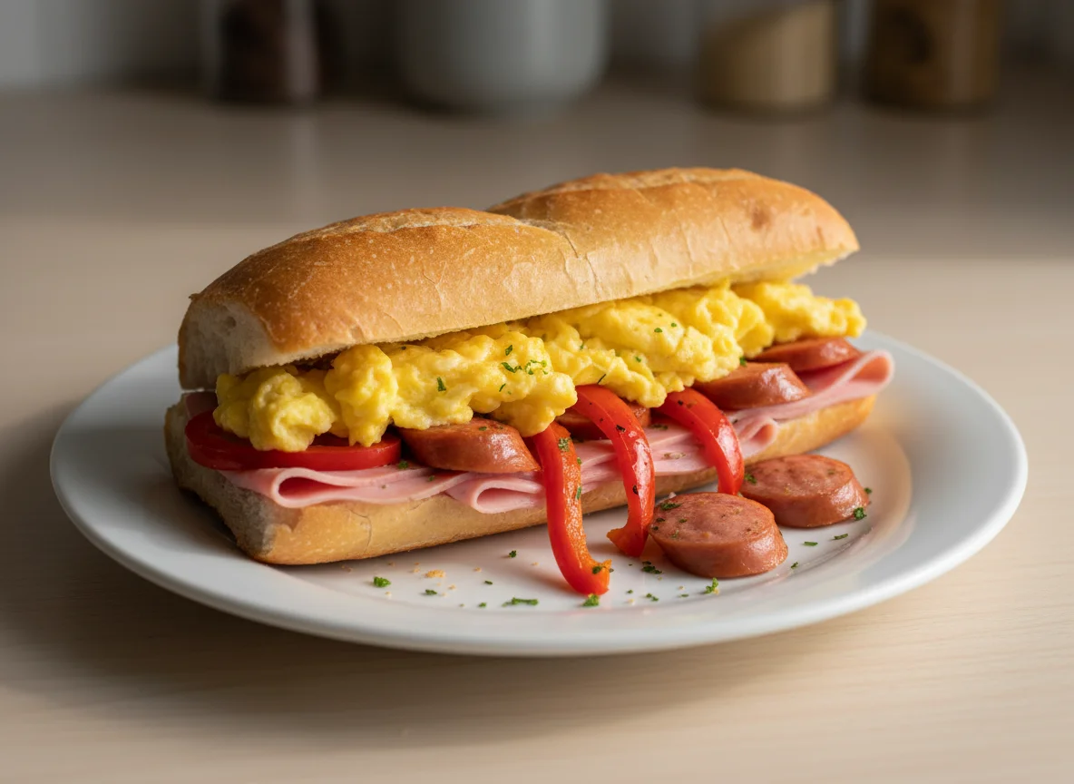 Sanduíche de presunto e ovos mexidos photo