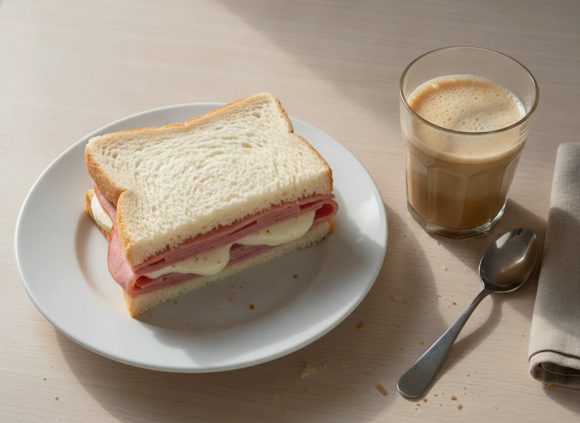 Sanduíche de presunto e queijo com café com leite photo