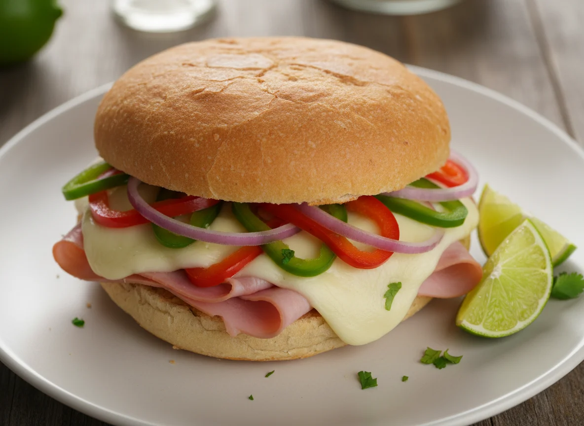Sanduíche de presunto e queijo com cebola e pimentão photo