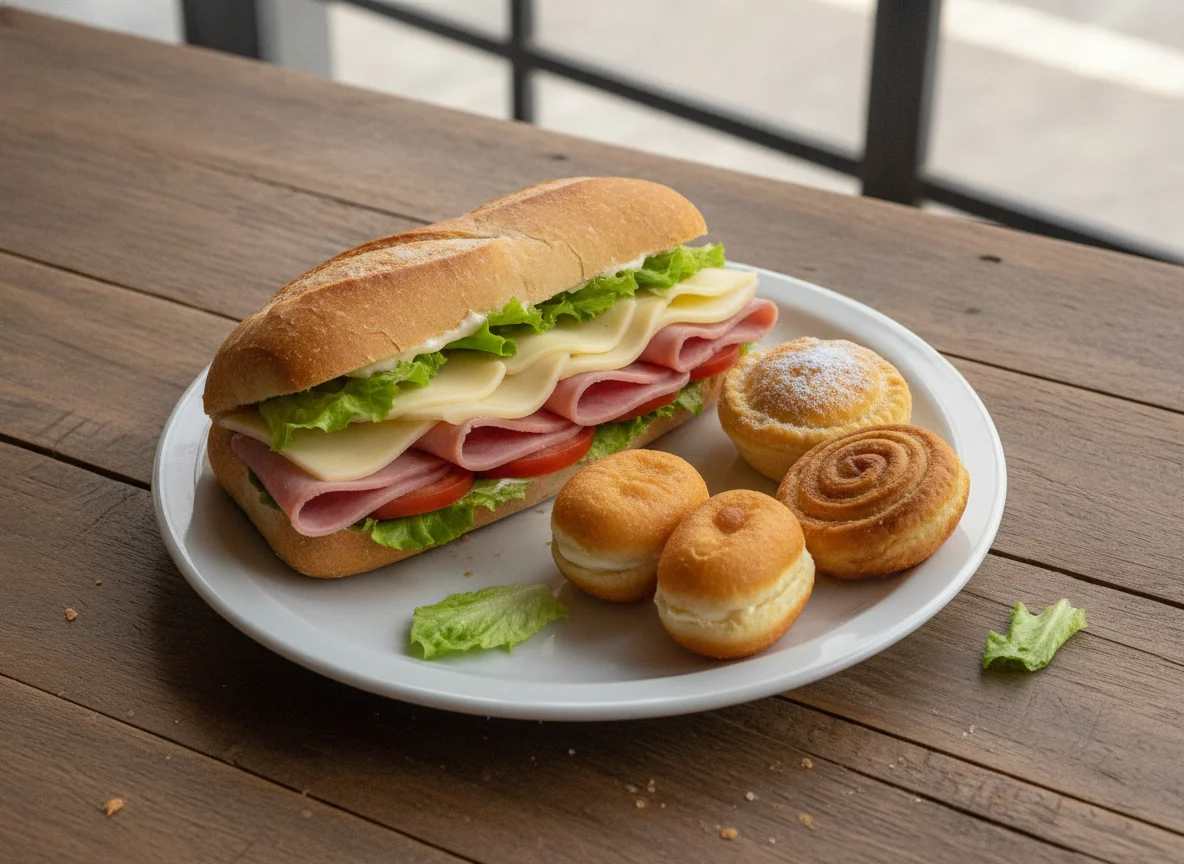 Sanduíche de Presunto e Queijo com Salgados e Sonhos photo