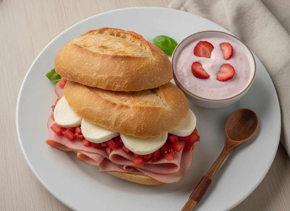 Sanduíche de presunto e queijo com tomate e iogurte de morango photo