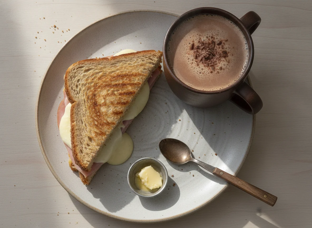 Sanduíche de presunto e queijo grelhado com chocolate quente photo