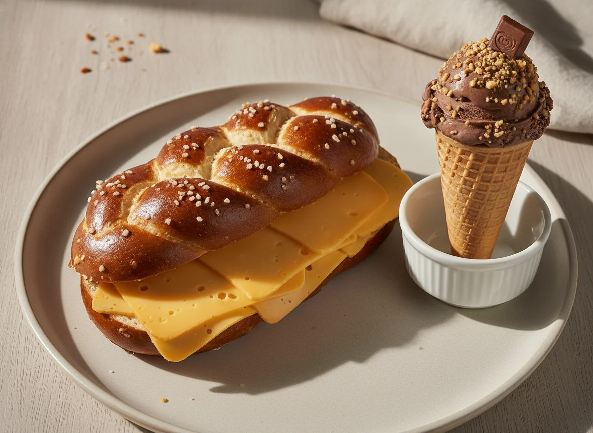 Sanduíche de Pretzel com Queijo e Gelado Cornetto photo