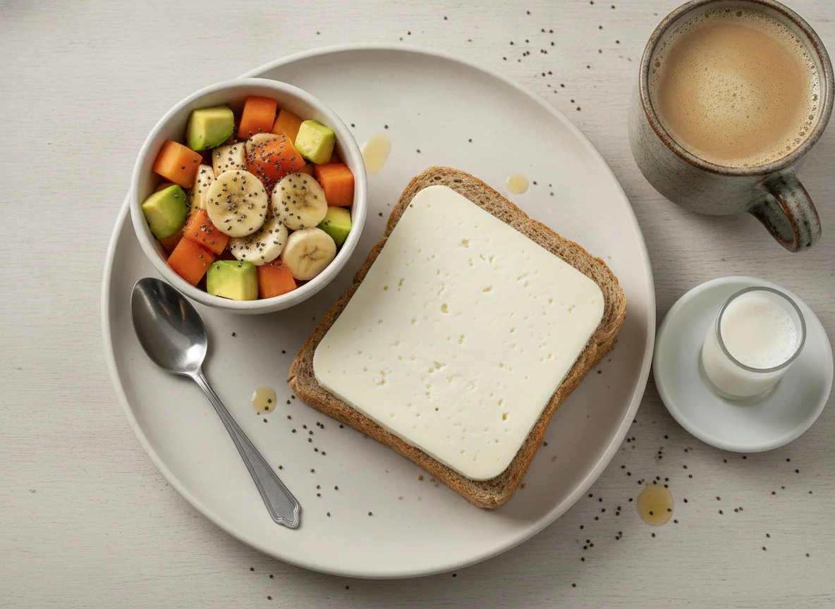 Sanduíche de queijo minas, salada de frutas e café com leite photo