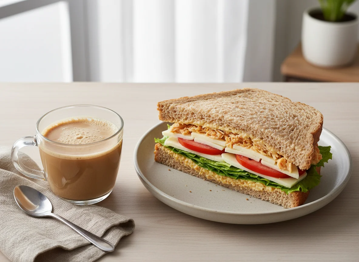 Sanduíche natural com café com leite photo