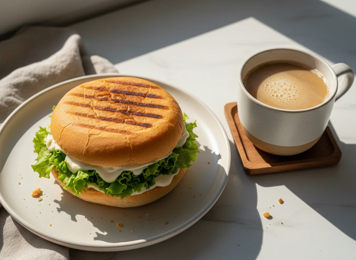 Sanduíche prensado com café com leite photo