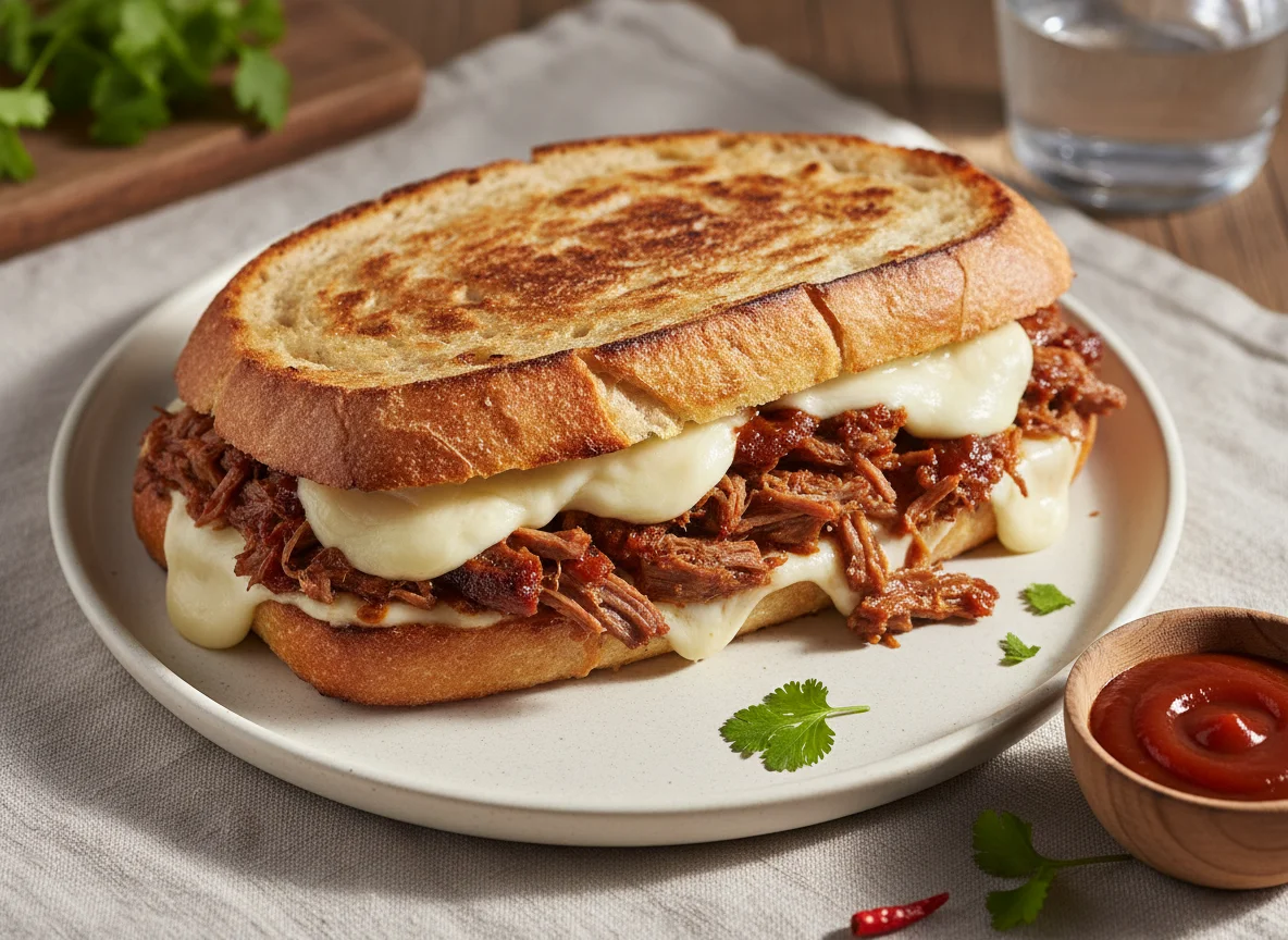 Sanduíche prensado com carne e queijo photo