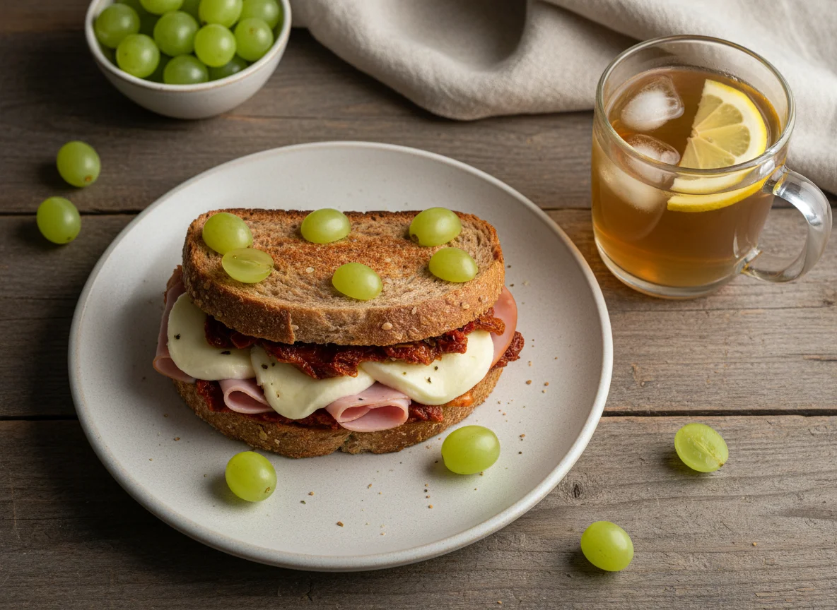 Sanduíche prensado com uvas e chá photo