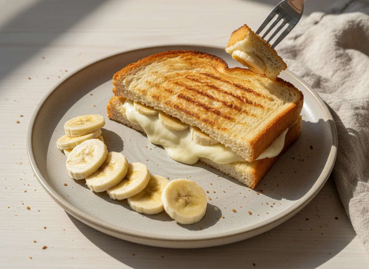 Sanduíche tostado e banana fatiada photo